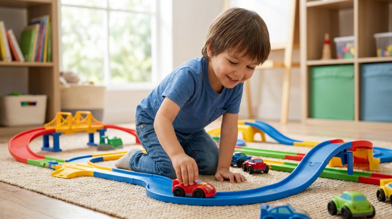 Un jeune garçon souriant joue avec des petites voitures sur un circuit en plastique coloré dans une chambre d'enfant.
