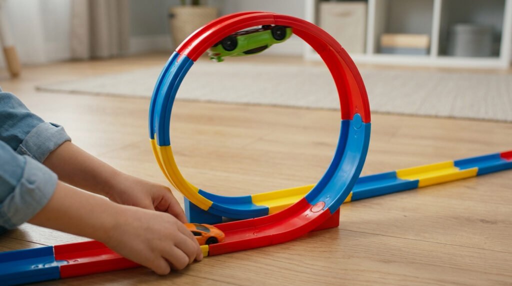 Mains d'enfant jouant avec un circuit de voiture multicolore avec un looping sur un sol en bois.