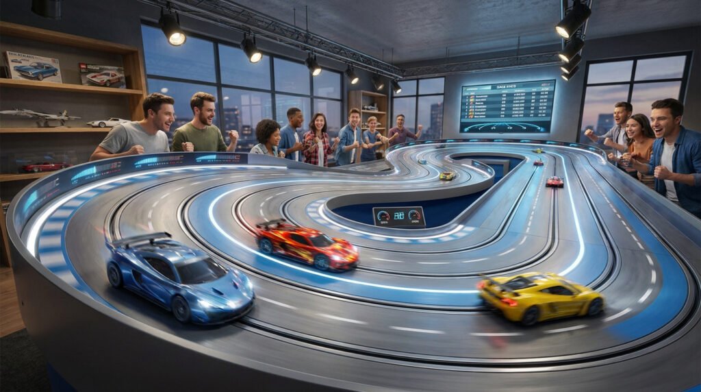 Groupe d'amis enthousiastes regardant une course de petites voitures électriques sur un circuit illuminé en intérieur.