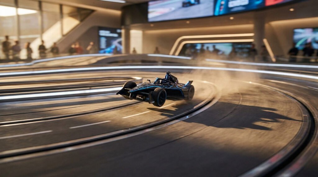 Voiture de course miniature télécommandée effectuant un virage rapide sur un circuit moderne et lumineux.