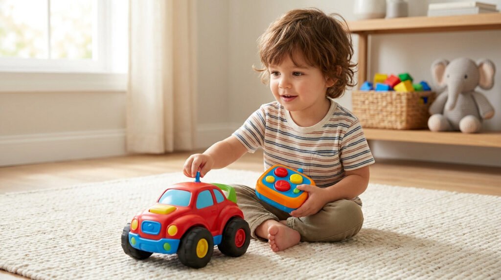 Jeune garçon jouant avec une voiture télécommandée colorée sur un tapis dans une chambre lumineuse.